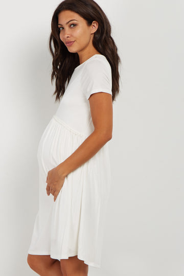 PinkBlush Ivory Solid Crochet Trim Maternity Shift Dress