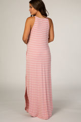Pink Striped Cami Strap Maternity Maxi Dress