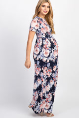 PinkBlush Navy Floral Short Sleeve Maternity Maxi Dress