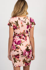 PinkBlush Pink Rose Floral Fitted Wrap Maternity Dress