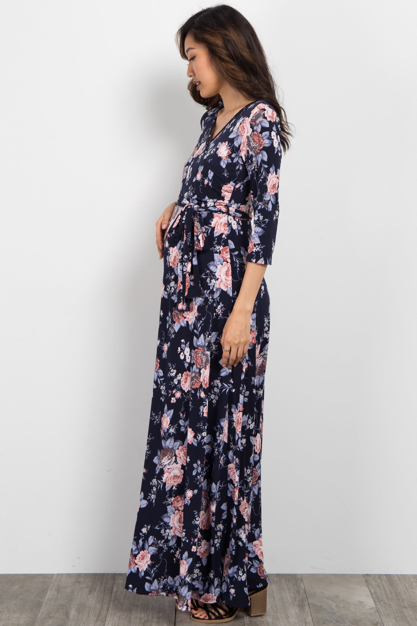Navy Rose Floral Maternity Wrap Maxi Dress