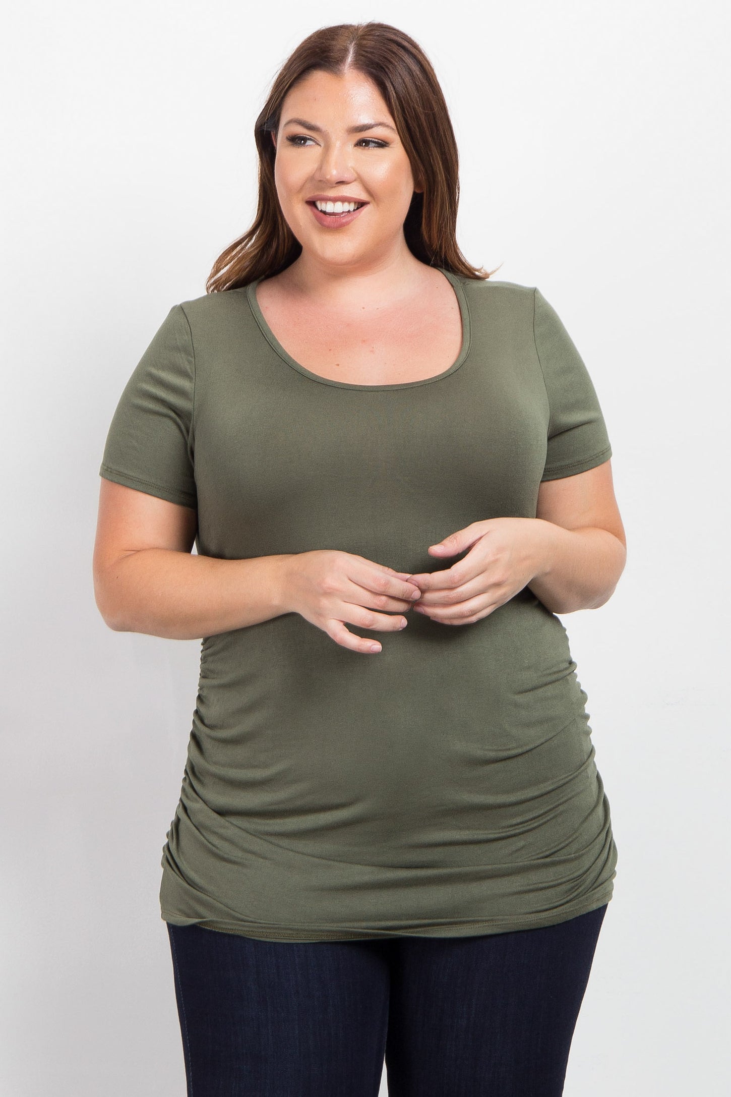 PinkBlush Green Ruched Short Sleeve Plus Top