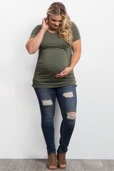 PinkBlush Green Ruched Short Sleeve Plus Maternity Top