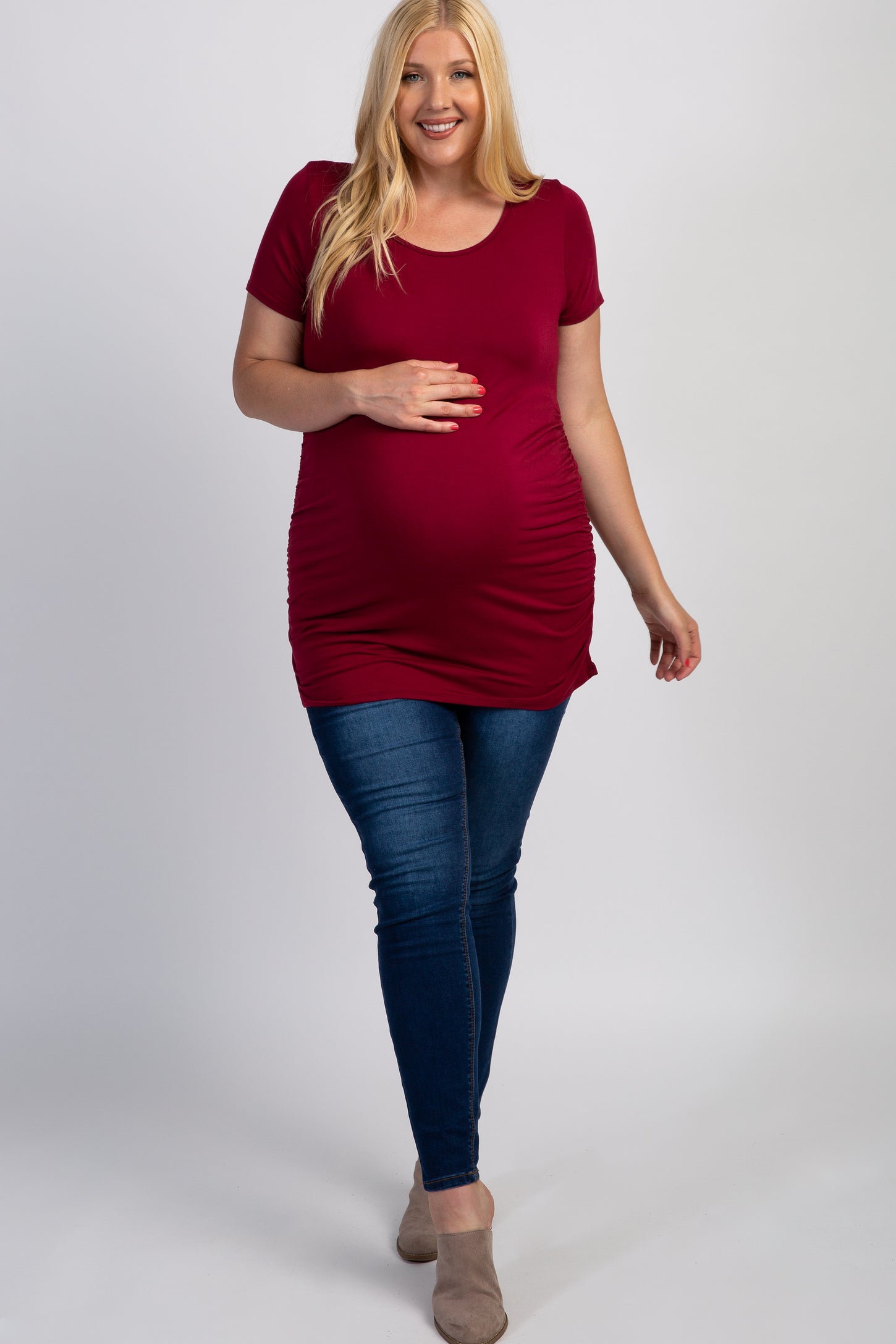 PinkBlush Burgundy Ruched Short Sleeve Maternity Plus Top