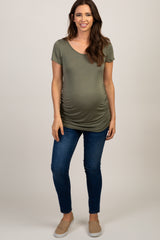 Green Ruched Short Sleeve Maternity Top