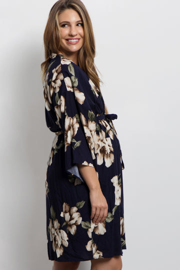 PinkBlush Navy Blue Floral Print Delivery/Nursing Maternity Robe