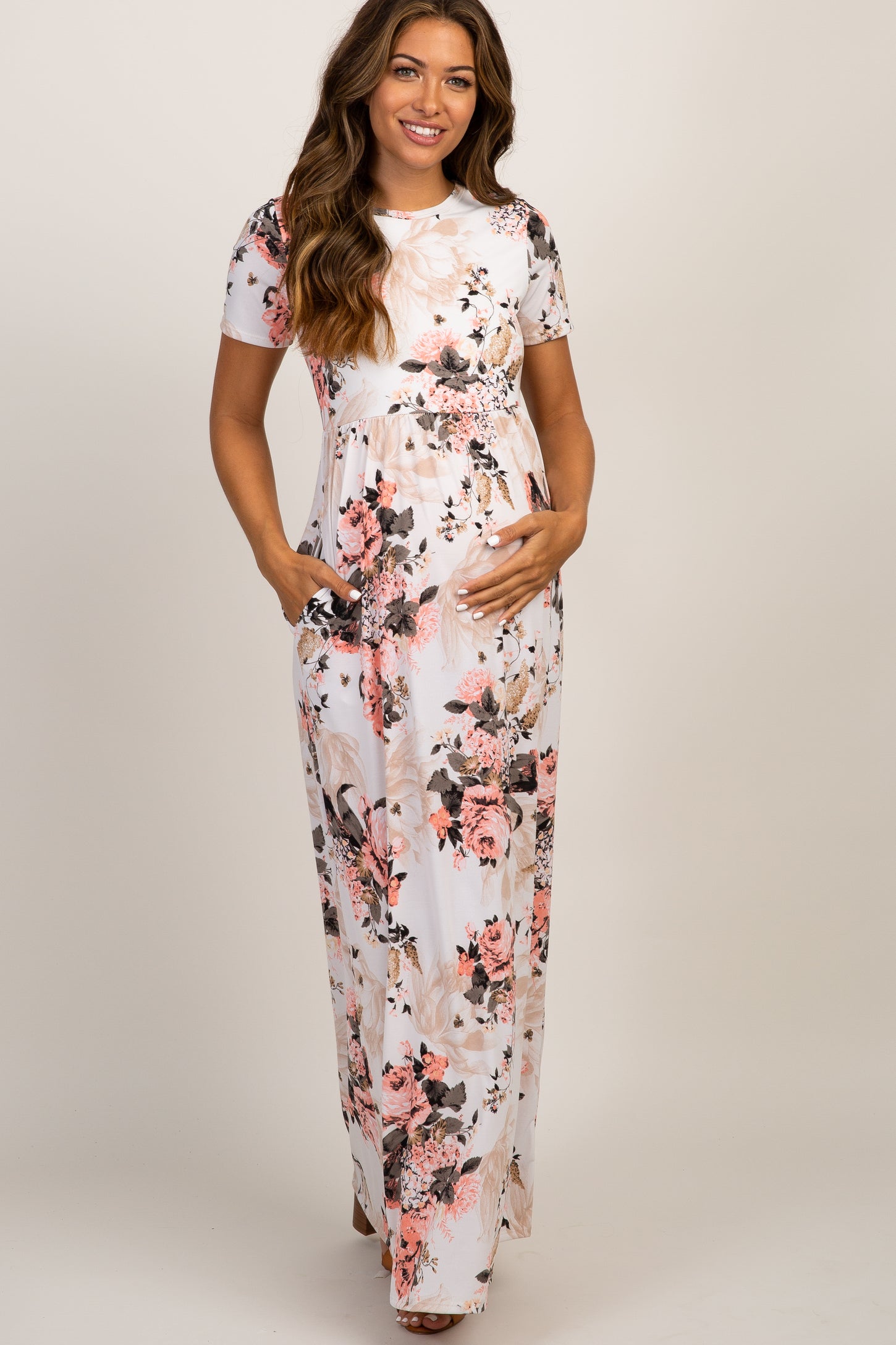 Peach Floral Short Sleeve Maternity Maxi Dress– PinkBlush