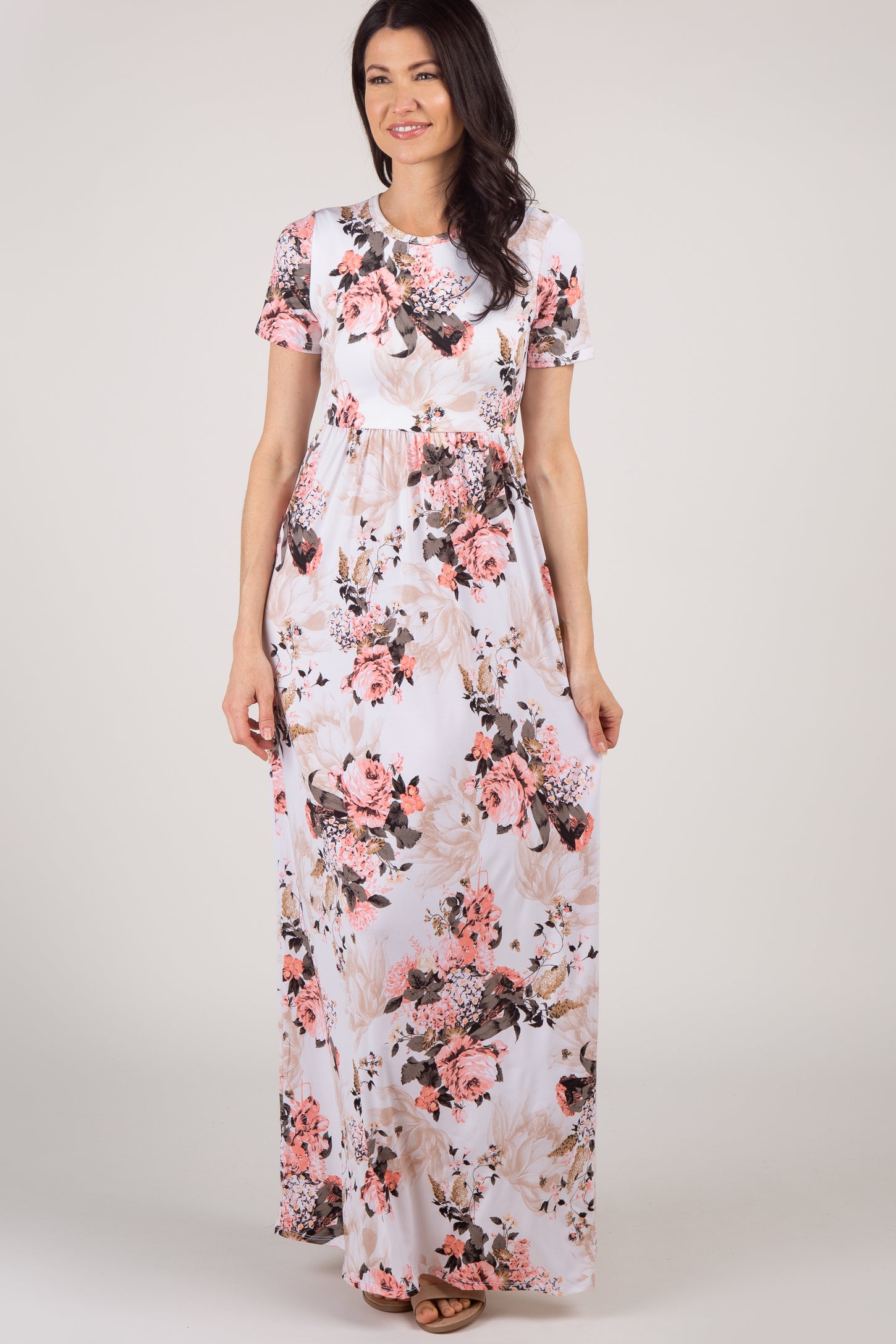 Peach Floral Short Sleeve Maternity Maxi Dress