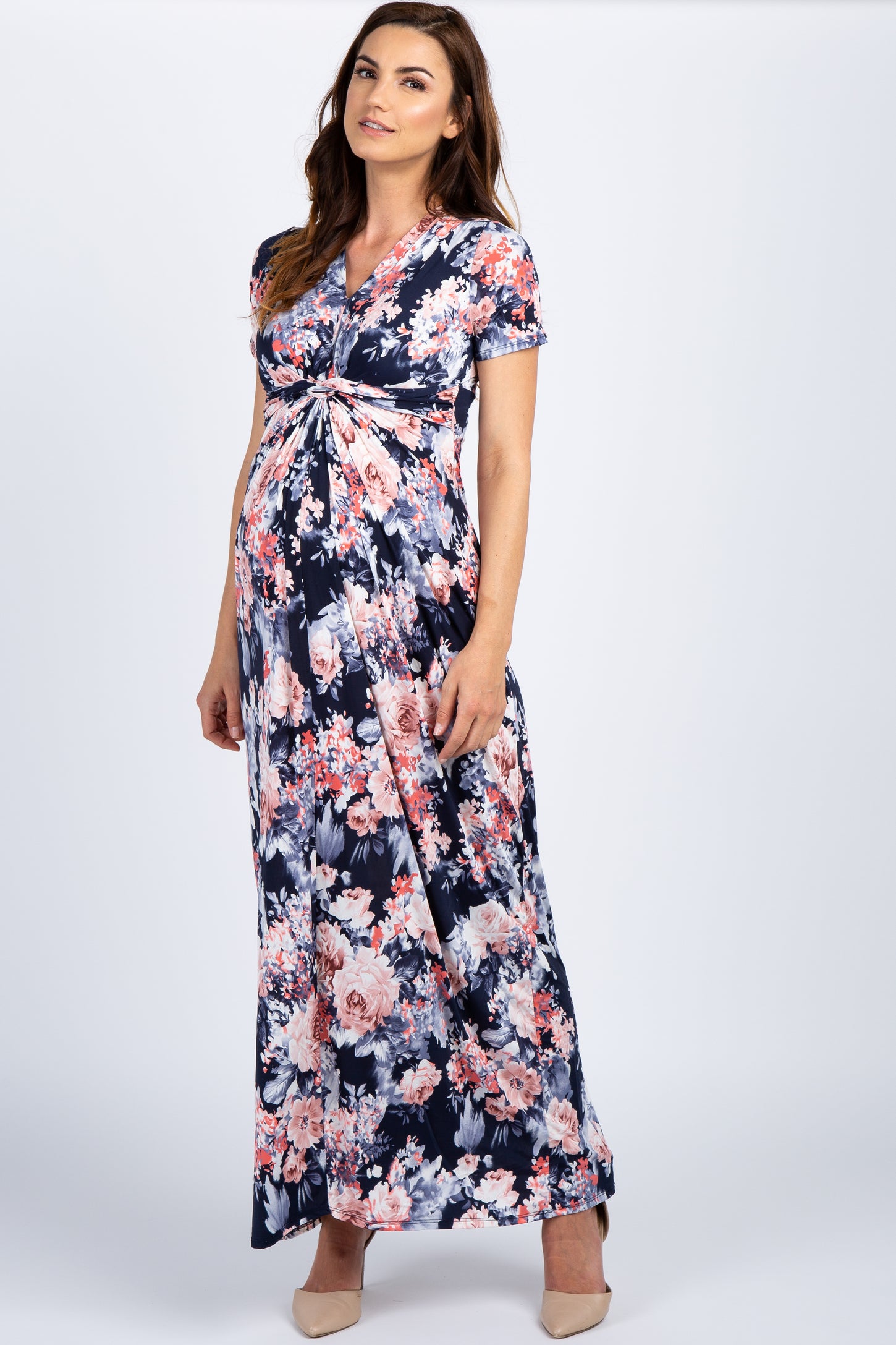 Navy Floral V Neck Knot Front Maternity Maxi Dress– PinkBlush