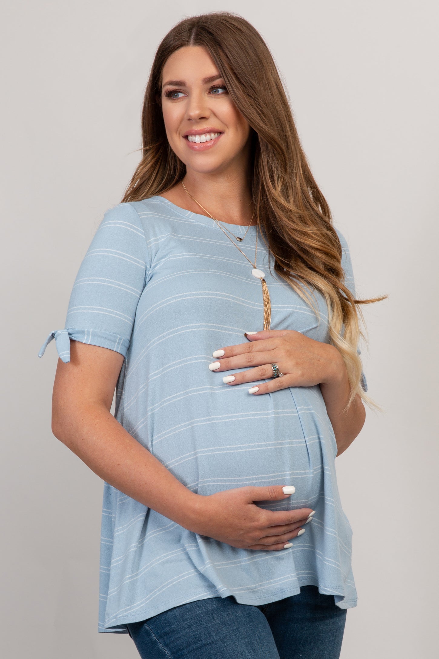Blue Thin Striped Sleeve Tie Maternity Top