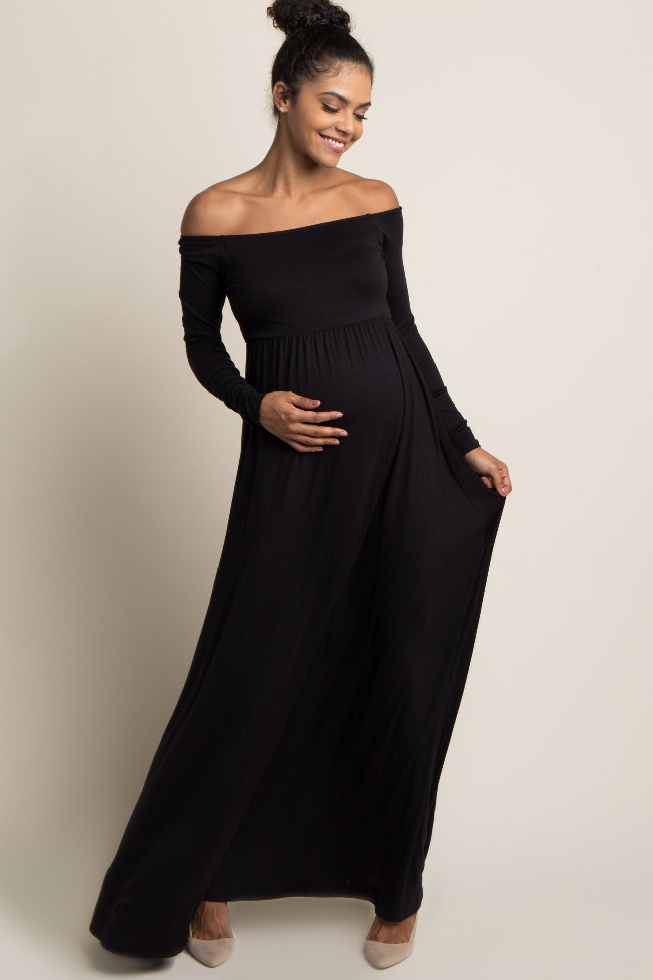 Black Solid Off Shoulder Maternity Maxi Dress– PinkBlush