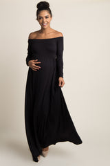 Black Solid Off Shoulder Maternity Maxi Dress