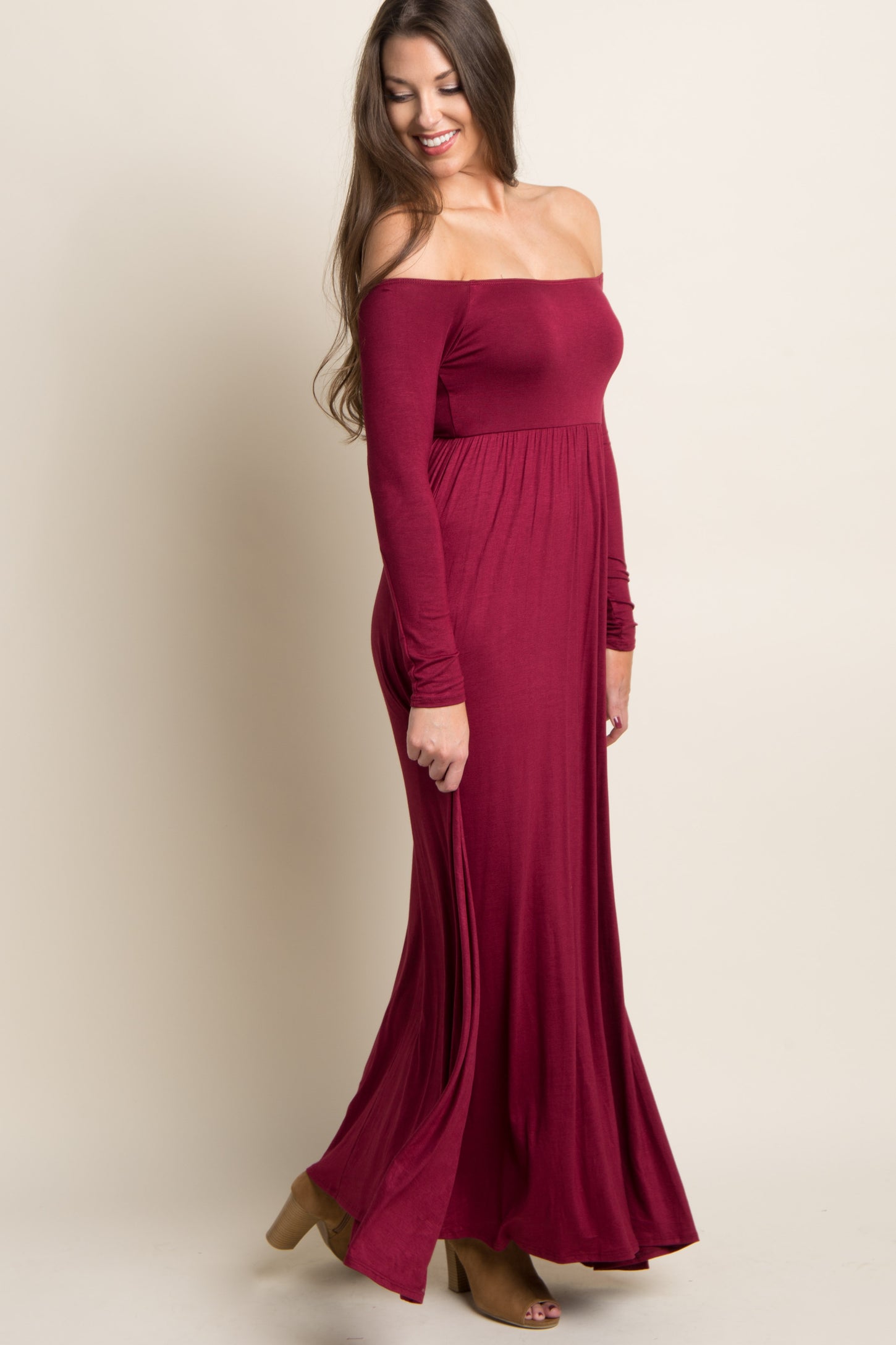 burgundy maxi dress off the shoulder Off the Shoulder Burgundy Satin Long Prom Dress With Slit PG541