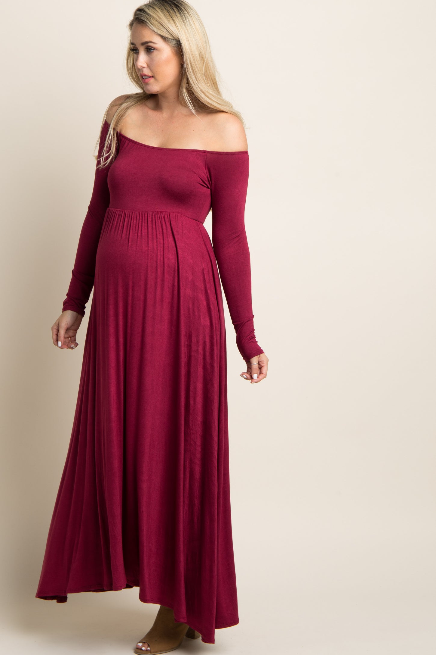 Dark Burgundy Solid Off Shoulder Maternity Maxi Dress