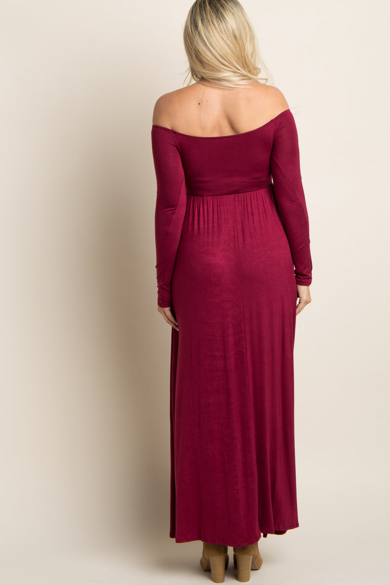 Dark Burgundy Solid Off Shoulder Maternity Maxi Dress Dark Burgundy Solid Off Shoulder Maternity Maxi Dress