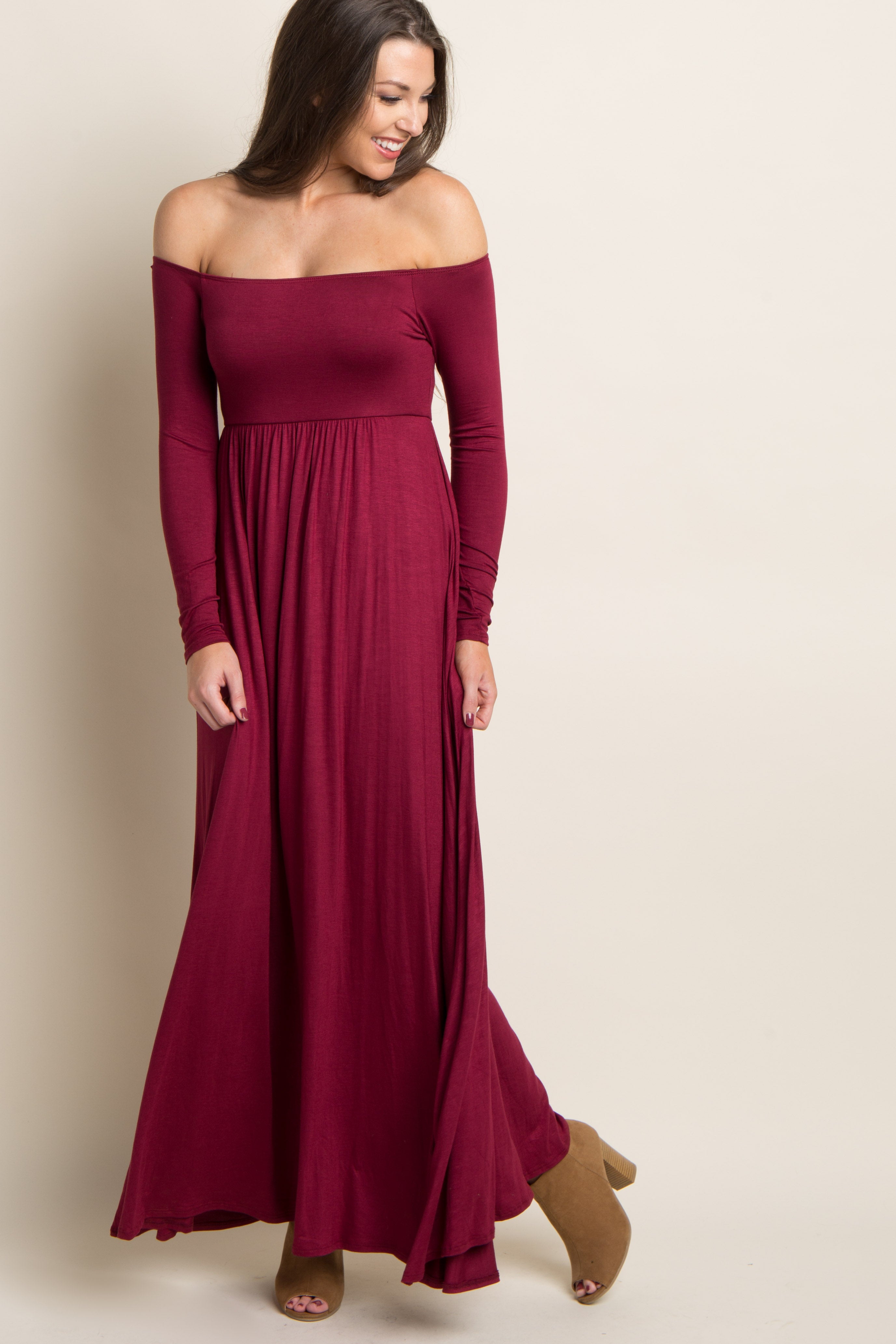 Dark Burgundy Solid Off Shoulder Maxi Dress– PinkBlush