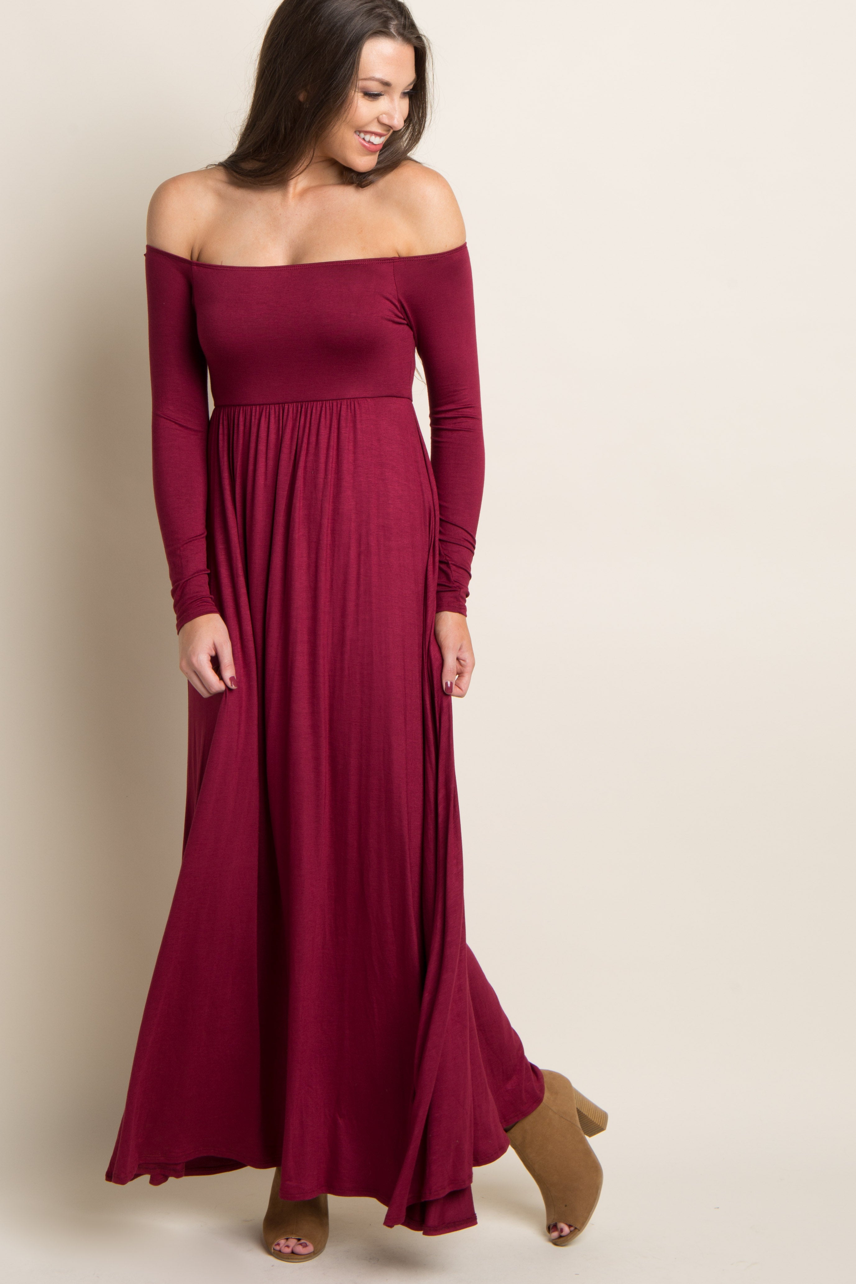 Dark Burgundy Solid Off Shoulder Maxi Dress Dark Burgundy Solid Off Shoulder Maxi Dress