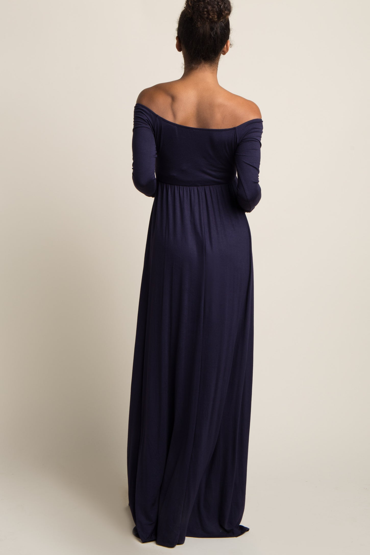 PinkBlush Navy Blue Solid Off Shoulder Maternity Maxi Dress