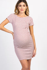 PinkBlush Petite Burgundy Striped Fitted Short Sleeve Maternity Dress