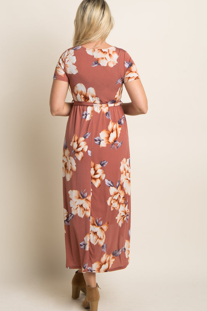 Rust Floral Hi-Low Maternity Wrap Dress
