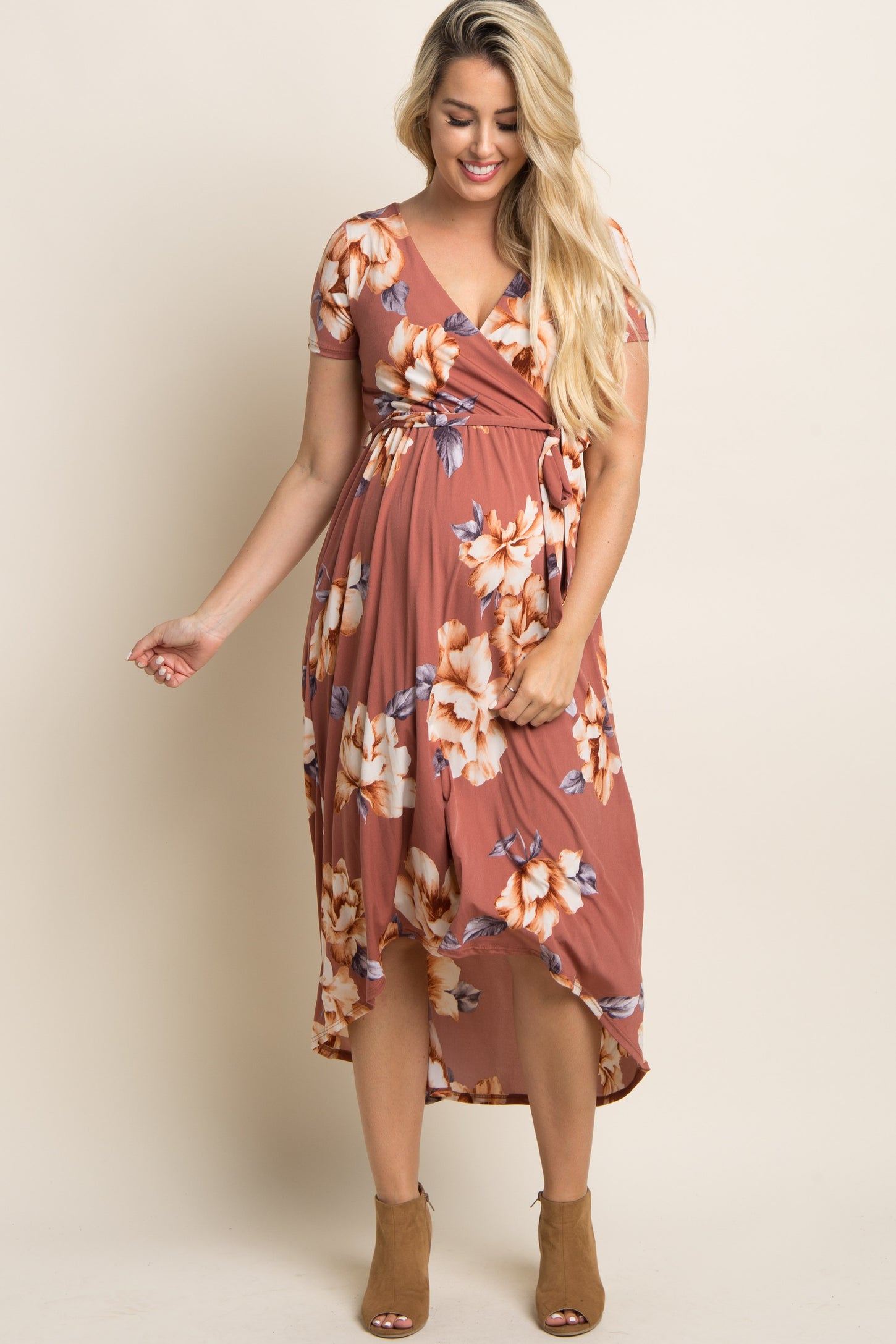 Rust Floral Hi-Low Maternity Wrap Dress– PinkBlush