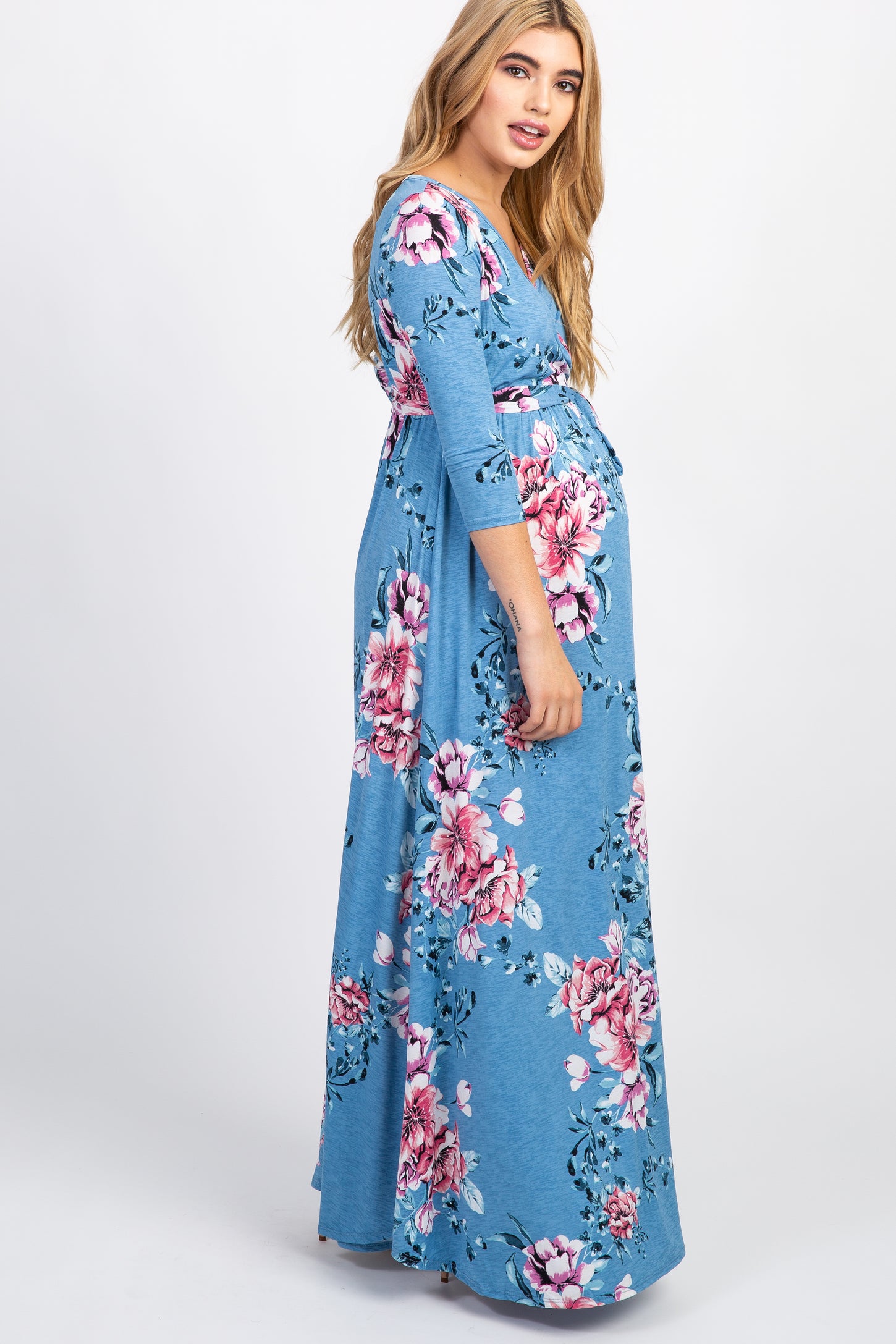 PinkBlush Blue Floral Sash Tie Maternity/Nursing Wrap Maxi Dress