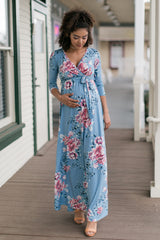 PinkBlush Blue Floral Sash Tie Maternity/Nursing Wrap Maxi Dress