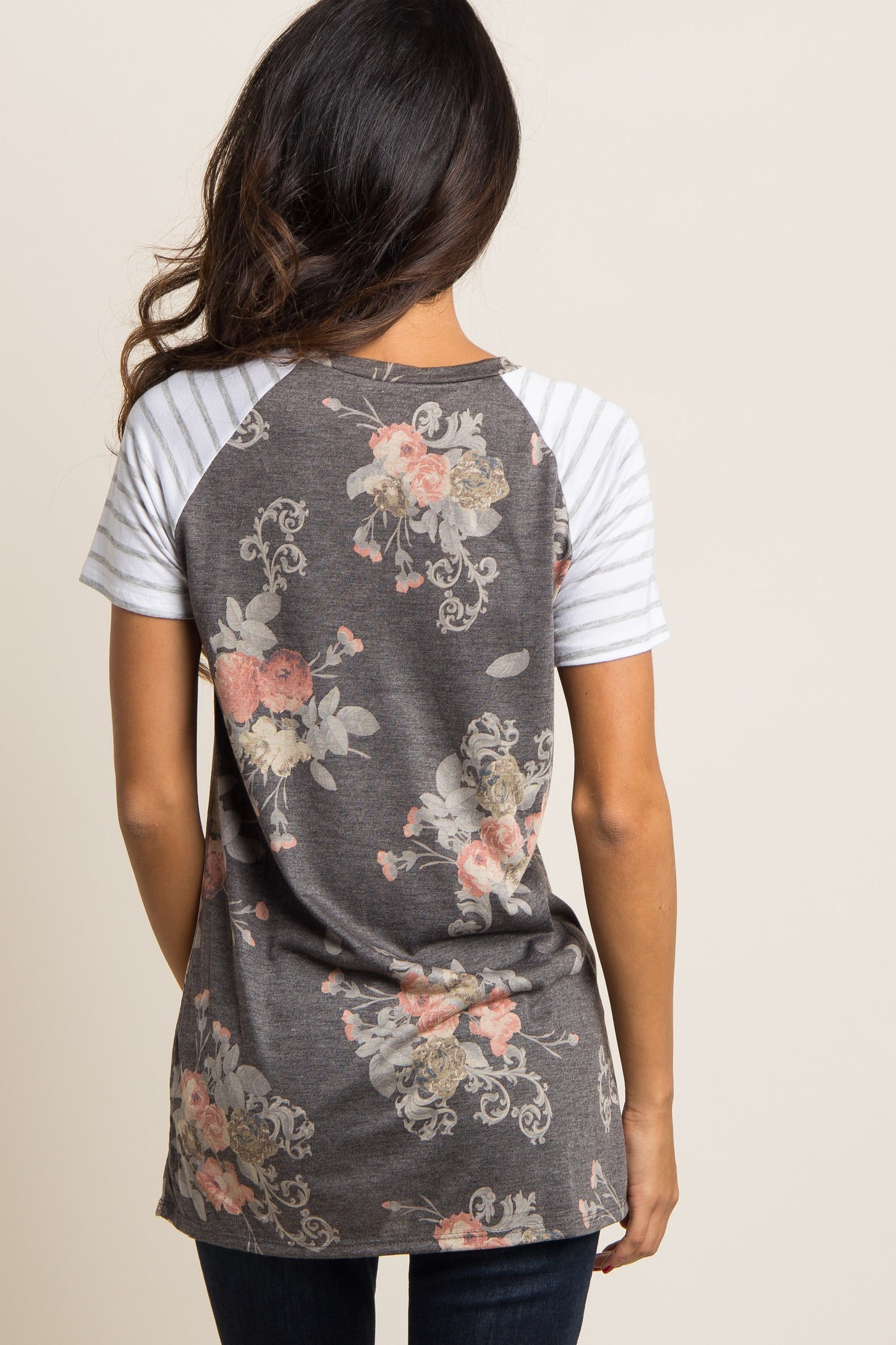 Charcoal Grey Floral Colorblock Striped Sleeve Top
