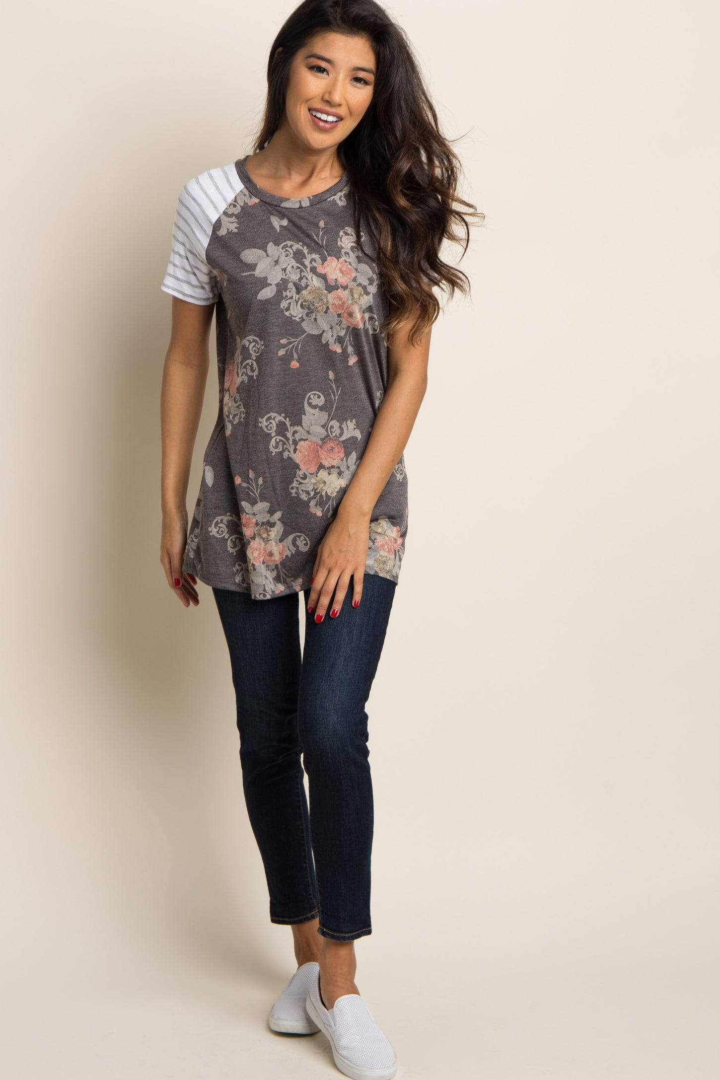 Charcoal Grey Floral Colorblock Striped Sleeve Top