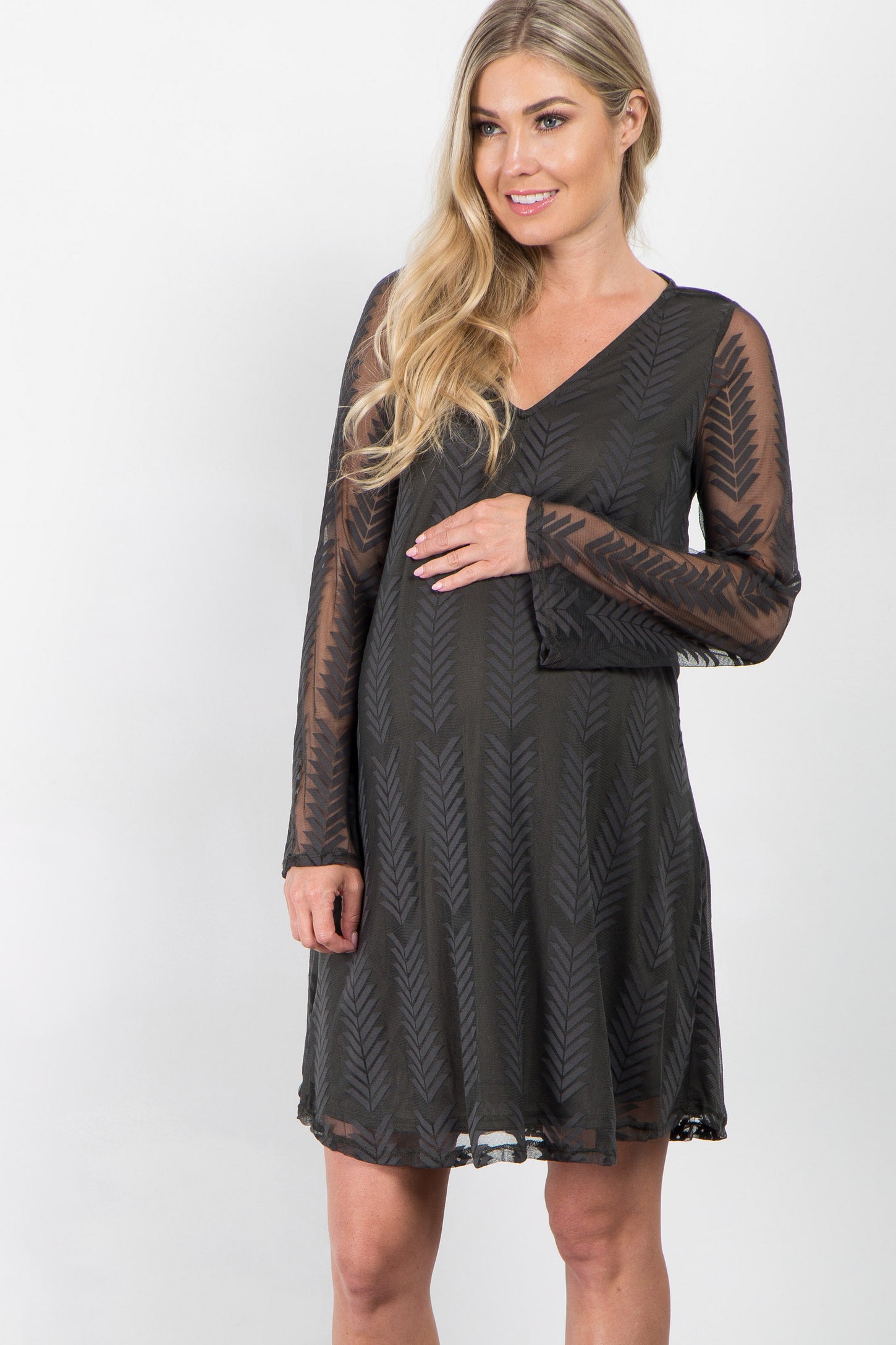 PinkBlush Dusty Olive Chevron Mesh Overlay Maternity Dress