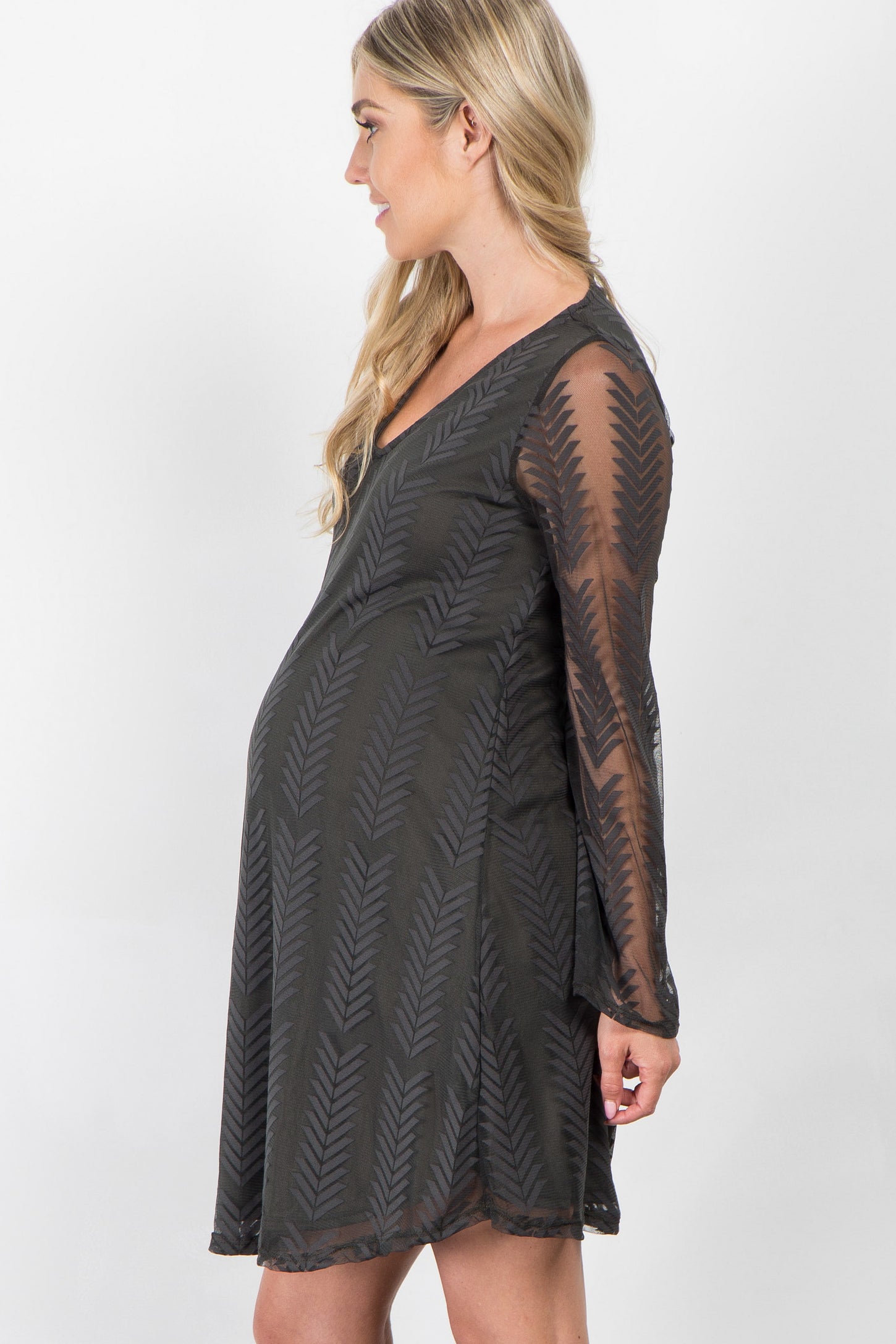 PinkBlush Dusty Olive Chevron Mesh Overlay Maternity Dress