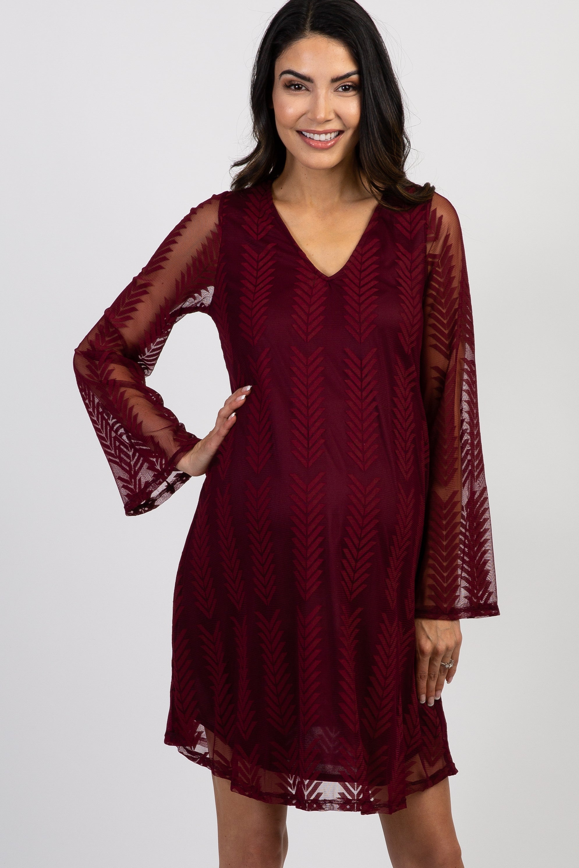 chinese dress ladies PinkBlush Burgundy Chevron Mesh Overlay Maternity Dress