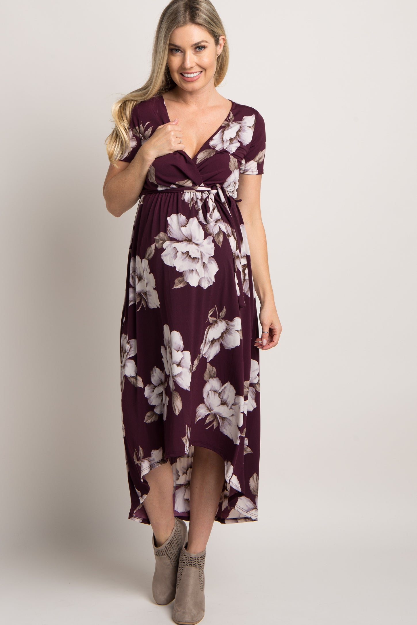 Plum Floral Hi-Low Maternity Wrap Dress– PinkBlush