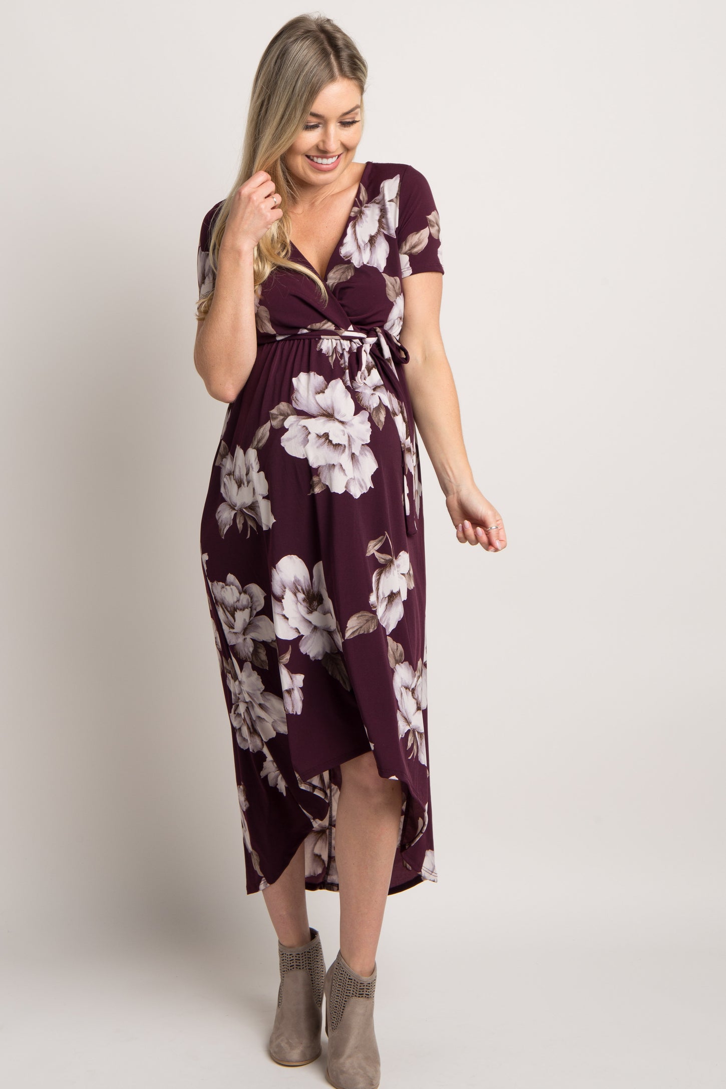 maternity wrap dress Plum Floral Hi-Low Maternity Wrap Dress – PinkBlush