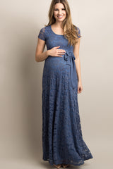 Blue Lace Sash Tie Maternity Gown
