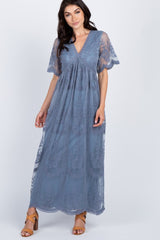 PinkBlush Blue Lace Mesh Overlay Maxi Dress