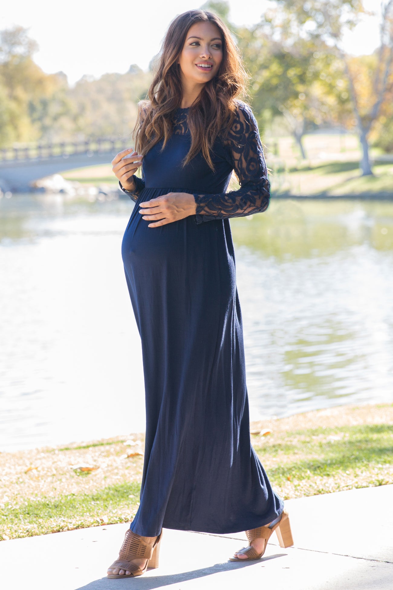 Navy Blue Lace Sleeve Maternity Maxi Dress– PinkBlush