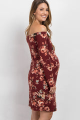 Burgundy Floral Off Shoulder Maternity Dress