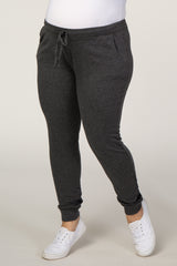 Charcoal Solid Hued Drawstring Plus Maternity Joggers