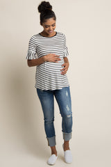 White Striped Ruffle Sleeve Maternity Top