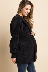 Black Fuzzy Hooded Long Sleeve Maternity Jacket