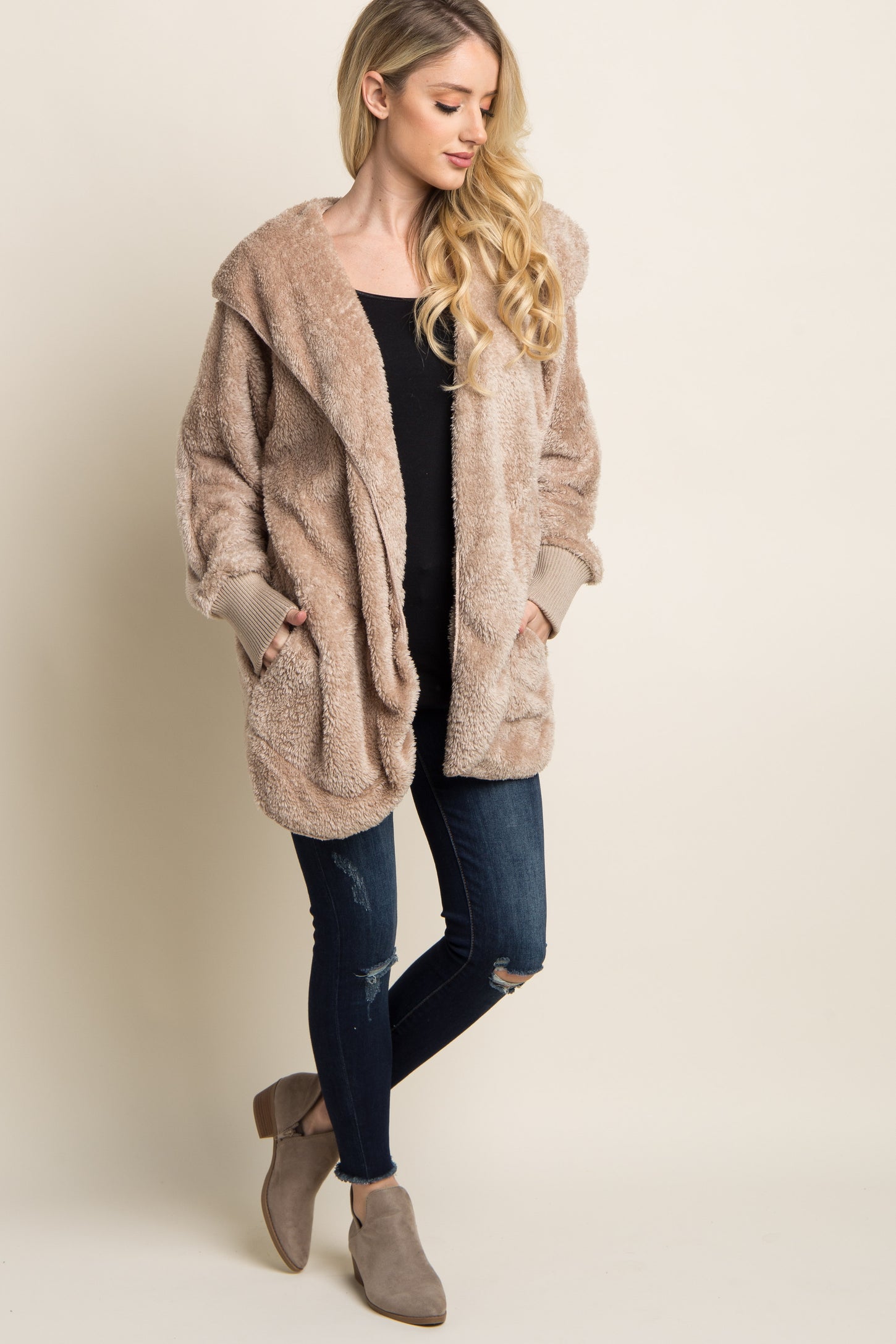 Taupe Fuzzy Hooded Long Sleeve Jacket