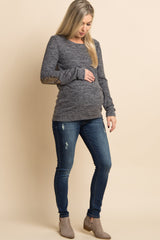 Charcoal Grey Heathered Sequin Elbow Patch Maternity Sweater