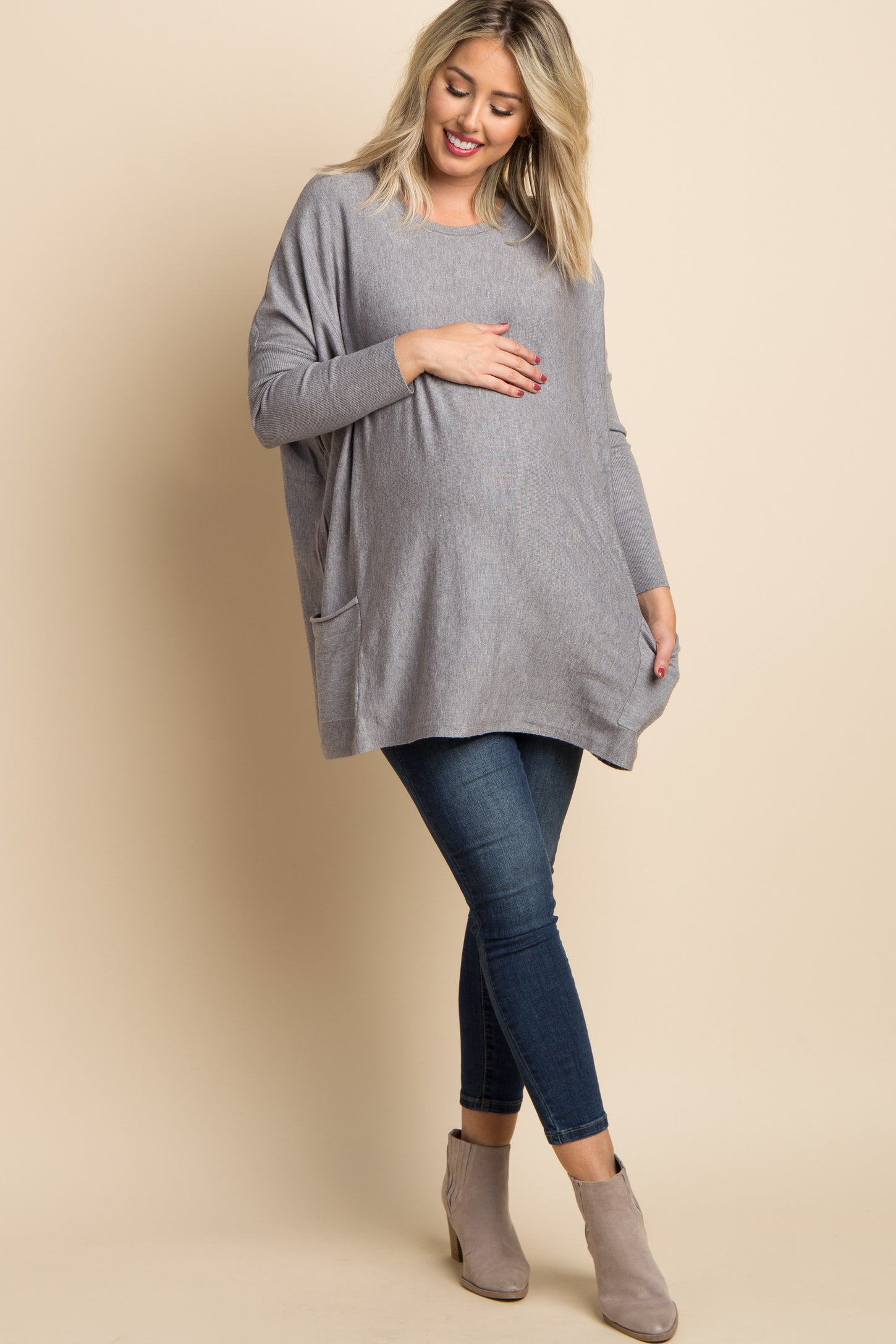Heather Grey Pocketed Dolman Sleeve Maternity Top