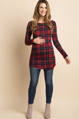 Red Plaid Long Sleeve Ruched Maternity Top