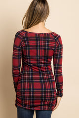 Red Plaid Long Sleeve Ruched Maternity Top