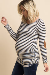 Beige Striped Suede Elbow Patch Maternity Top