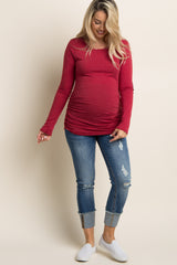 Red Plaid Elbow Patch Maternity Top