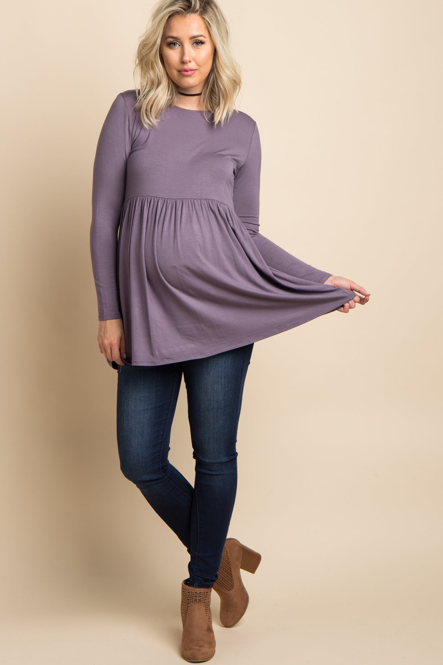 Purple Solid Long Sleeve Peplum Maternity Top