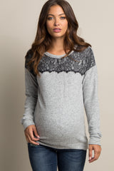 Grey Lace Accent Soft Knit Maternity Sweater